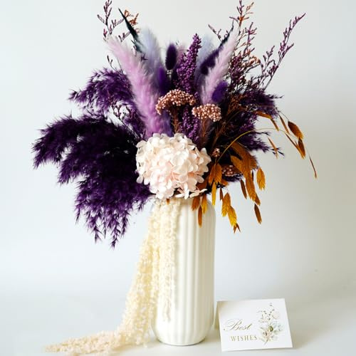 YNWYH Natural Pampas Grass Decor with Ceramic Vase Boho Home Decor Bouquet Phragmites Dried Flowers Bouquet for Home Decor, Wedding, Easter, Housewarming Gift (Purple)