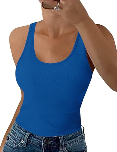 Aottori Canotta Donna Girocollo Tank Top Elegante Slim Fit Basic Canottiera a Coste Elasticizzato Shirt Senza Maniche Sexy Blu Reale M