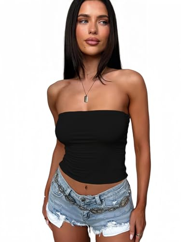 Sukiglam Bandeau Tube Top Femme Sexy Débardeur sans Bretelles Été Haut Court Dos Nu Basic Crop Tops sans Manches Élastique Slim Fit Y2K Top Casual Chemise Blouse Streetwear Couleur Unie