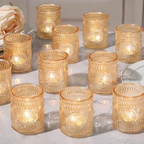 MATAHUM 24 Pcs Gold Votive Candle Holders, Glass Tealight Candle Holders for Wedding Table Centerpiece, Home Decor, Birdal Shower, Party