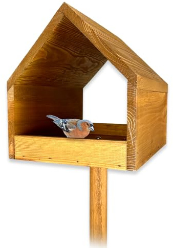 GARTENETAGE Vogelfutterhaus aus Massivholz mit Erdspieß – Wetterfestes Vogelhaus aus Kiefernholz für Wildvögel, stabiles Futterhaus für Garten, Rasen & Terrasse