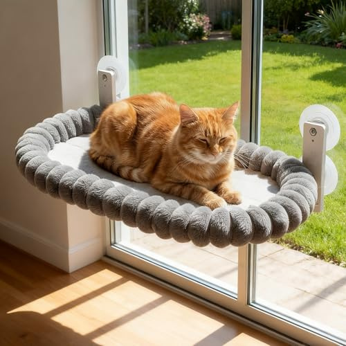 Cat Window Perch, Soft Plush Cordless Cat Hammock Foldable Window Seat with 4 Suction Cups Reversible Cover for Indoor Cats, Washable, 60 * 30cm