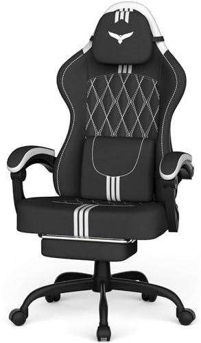 Ferghana Chaise Gaming Ergonomique - avec Soutien Lombaire, Appui-tête,Repose-Pieds,Hauteur Réglable,Pivotant, Tissu en Lin Respirant, Convient également comme Chaise de Bureau,Chaise PC(Noir-Blanc)