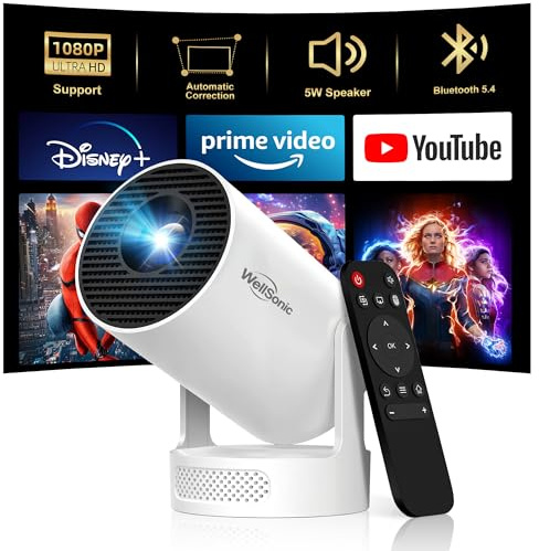 WellSonic Mini Projector with WiFi and Bluetooth, Portable Projector 4K Support, Android 11, 5W Soundbase Speaker, 180° Rotation, Auto Keystone Correction, Smart Proyector for Movie Home Outdoor