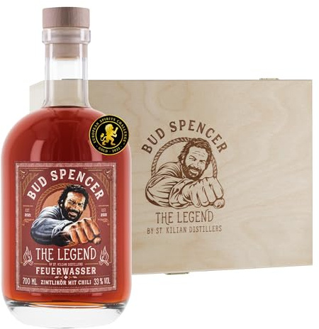 Bud Spencer Zimtlikör Chilli Geschenk Box - FEUERWASSER - [33% Vol, 0,7l] Deutscher Zimt Likör - Bud Spencer und Terence Hill Fanartikel - Geschenk für Männer und Fans - Zimt Chilli Likör