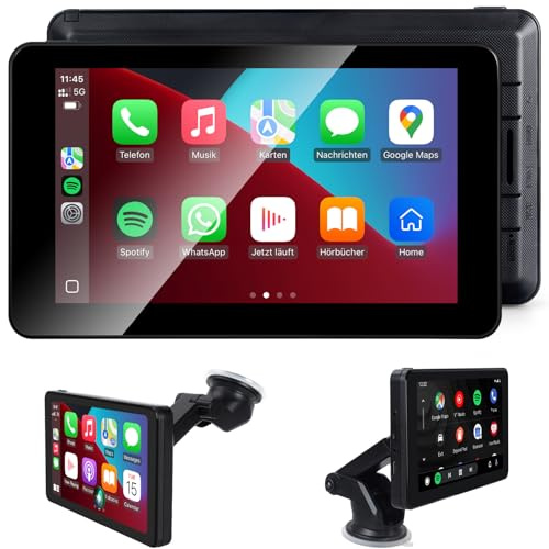 Aonerex Tragbare CarPlay Display, Wireless Android Auto Monitor, IPS Touchscreen Bildschirm mit Bluetooth-Freisprecheinrichtung, Siri, Sprachassistent, Live-Navigation, MirrorLink, FM, AUX (7 Zoll)