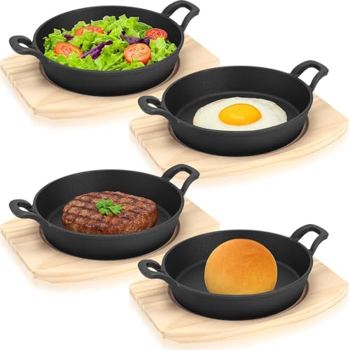 Sizzling Pan with Wooden Base, 4 Pack Mini Size 14cm Round Individual Serving Dishes for Brunch, Side Dishes, Tapas, Skillet Cookie, Pre-Seasoned Heavy Duty Cookware, Matte Black