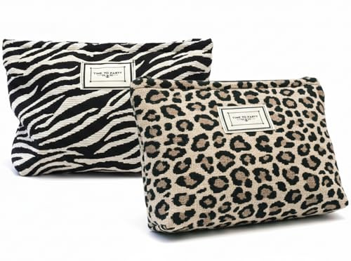 Sunolkie 2 Pezzi Pochette Trucco Donna, Borsa Cosmetici da Viaggio con Stampa Zebra e Leopardo, Beauty Case con Cerniera, Organizer per Make Up e Articoli da Toeletta
