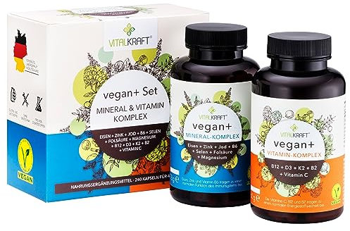 VITALKRAFT Vegan+ Set Vitamin & Mineral-Komplex, hochdosierte Kapseln mit den Vitaminen B12 + D3 + K2 + B2 + Vitamin C mit Magnesium, Eisen, Zink, Jod, Selen, B6 und Folsäure