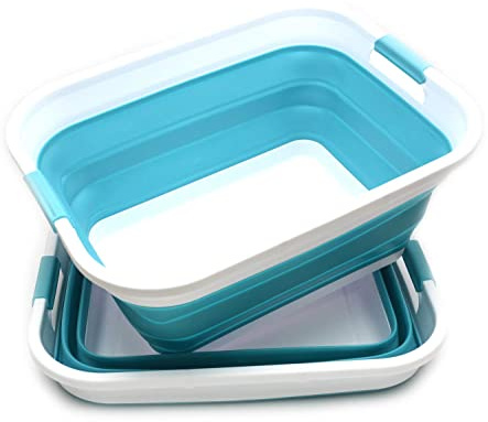SAMMART Set of 2-41L(10.8 gallon) Collapsible Plastic Laundry Basket-Pop Up Storage Container-Portable Washing Tub-Space Saving Hamper, Water capacity:32L(8.4 gallon) (2 rectangular, Bright Blue)
