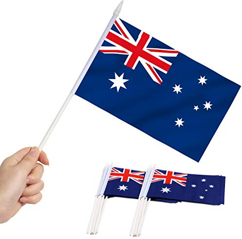 Anley Australian 5x8 Zoll HandHeld Mini Flagge mit 12 weißem, festem Mast - Australien Stick Flagge, lebendige Farbe und lichtecht - Hibernian 5 x 8 Zoll Handgehaltene Stick Flaggen mit Speerspitze