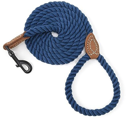 Mile High Life Laisse en Corde de Coton tressée avec poignée en Cuir et Fermoir Robuste en métal(Navy, 183 CM)