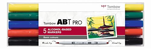 Tombow ABT PRO alkoholbaserade tuschpennor set med 5 - grundfärger
