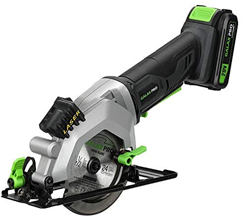 GALAX PRO Mini Circular Saw, DC20V 4-1/2 Cordless Circular Saw with 2.0Ah battery, Laser Guide, Rip Guide, 2 Pcs Blades(24T+ 60T), 3400RPM, Max Cutting Depth 1-11/16(90°), 1-1/8(45°)