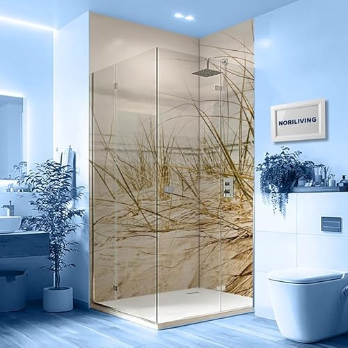 NORILIVING Duschrückwand Fliesenersatz Dusche 100x200 cm Motiv Dünen Gras Strand | Duschwand ohne Bohren 2 teilig | Wandverkleidung Bad Aluverbundplatte 3 mm