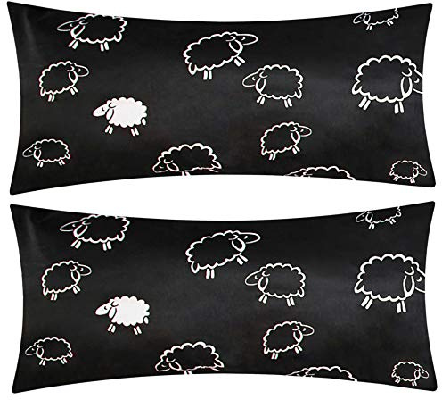 Renforcé Kissenbezug 2er Set 40x80cm - Süße Schafe Lämmer Schwarz (K-091-1) | 100% Baumwolle, Kopfkissen-Bezug, Kissenhülle, Dekokissenbezug mit Reißverschluss