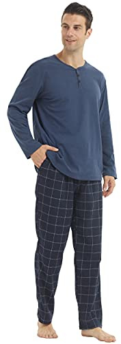 Pijamas para Hombre, Conjunto de Forro Polar a Cuadros, Ropa de Dormir Suave, Pantalones de Algodón con Parte Superior de Manga Larga