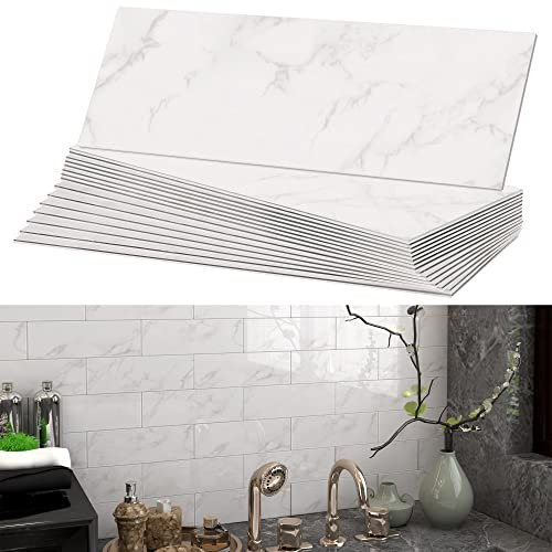 BeNice Marble Self Adhesive Wall Tiles Subway Stickers,Splashbacks for Kitchen Bathroom Individual Sticky Panels Large(16tiles,Carrara White)