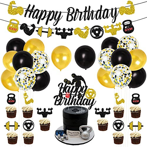 Decorazioni per la festa di compleanno in palestra Colore nero e oro Ideale come decorazione per la festa a tema per gli uomini pesi sollevamento fitness tema festa con glitter buon compleanno