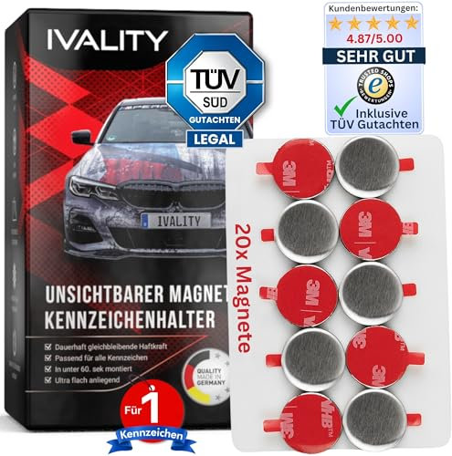 Ivality Magnet Kennzeichenhalter hinter der Stoßstange für Autos mit Neodym-Magneten & 3M VHB Klebeband, Rahmenlose Kennzeichenhalter Unsichtbare Montage für 1 Kennzeichen, StVZO getestet bis 350 km/h