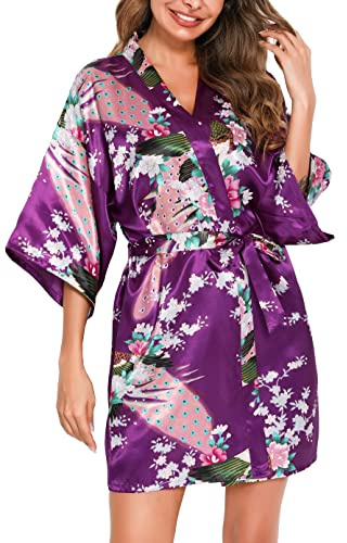 Vlazom Kimono Mujer Corto de Satén y Seda, Cuello en V con Estampado Floral, Manga 3/4 con Cinturón,S-XXL