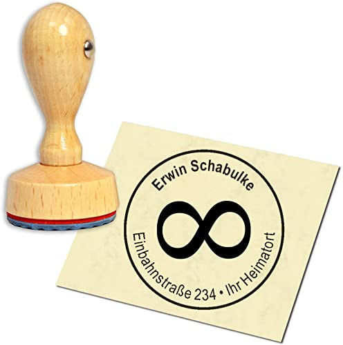 Stempel Adressstempel Holzstempel - Unendlichkeitszeichen - rund ∅ 40mm personalisiert als Firmenstempel Namensstempel Bürostempel