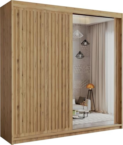 SLIDING WARDROBE 4U Modern Burg Free Standing Large Sliding Wardrobe For Bedroom in 150cm,203cm & 250cm with White,Black,Grey & Oak Colors (Oak, 203cm)