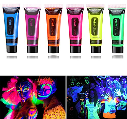 Fusang Glow in the Dark Face Body Paint,Washable Neon Face Body Paint,Black Light Face Makeup for Party Halloween Christmas Cosplay Masquerade Etc 0.48oz Set of 6 Tubes(6 colors)