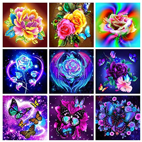 SupLetsico Diamond Painting Erwachsene Set, 9 Stück 5D Diamond Painting Bilder Blumen Full Drill Crystal Set, für Hauswand Dekoration (Blumen & Schmetterling, 30 x 30 cm)