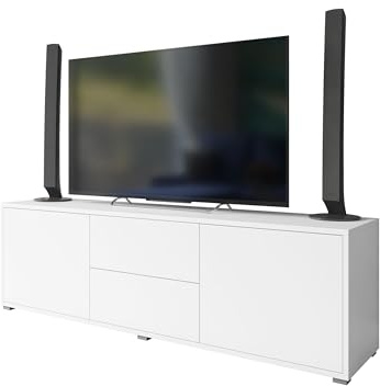 Mirjan24 TV-Lowboard Gesita 2D2SZ, 2 Türen, 2 Schubladen (Weiß) | Griffloser Fernsehschrank mit Push-to-open-System, 4 Innenfächern und Rollenführung, B/H/T: 141/50/41 cm