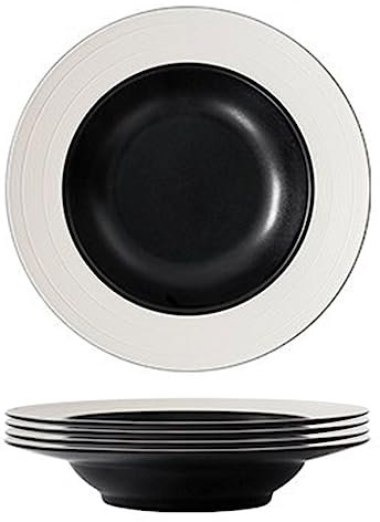 NGDECOR Juego de 4 Platos Hondos Redondos de Porcelana, Tazones para Pasta de 9 Pulgadas, Tazones de Sopa Clásicos Blancos y Negros, Cuencos con Borde de Cerámica, Diámetro con Placas de Borde,Large
