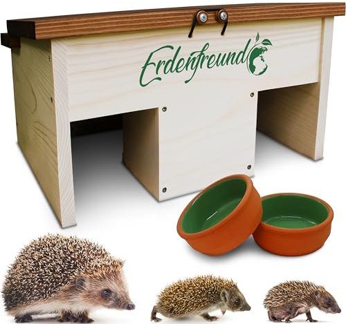 ERDENFREUND® Igelfutterhaus + 2er Set Wasser- & Futternapf Igelhaus kaufen artgerecht mit festem Dach-Sicherheitsverschluss und 2 Labyrinth Eingängen (Igelfutterhaus inkl. 2er Set Wasser-& Futternapf)