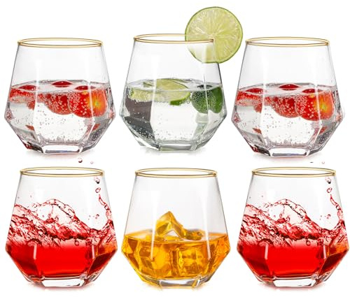 Inweder Old Fashioned Whiskygläser: 6 Stück Stemless Trinkgläser | 300 ml Fassungsvermögen, Goldrand & Geometrisches Diamant-Design, Modern Tumbler für Bourbon/Kraken/Rum/Cocktails/Wasser/Saft