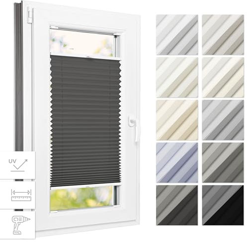 Estika Thermo Plissee mit Bohren 70 cm x 200 cm - Anthrazit - Rollos für Fenster mit Bohren, Jalousien Fenster für innen, Raffrollo, Fenster plissee