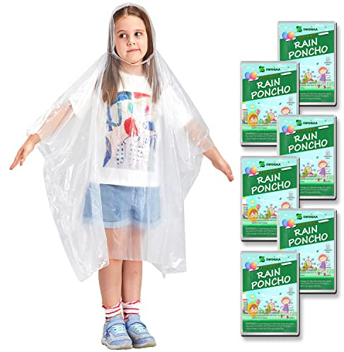SWOGAA Ponchos de lluvia desechables para niños (paquete de 6) – Ponchos de lluvia impermeables extragruesos con capucha 50% extragruesos para hombres o mujeres – Transparente para niños, Clear Kids 6