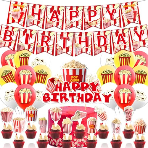 Popcorn Geburtstag Party Dekorationen - Banner, Cupcake Toppers, Kuchen Topper, Ballons für Film Nacht, Karneval, Zirkus Zubehör