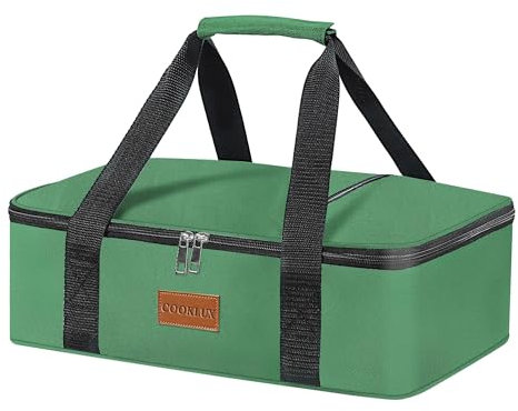 Insulated Casserole Carrier - Insulated Thermal Carry Bag for Hot or Cold Food, 9X13 Casserole/Baking Dish Carrier for Travel/Party, Durable Nylon, Green, Single Layer with Zip Pockets