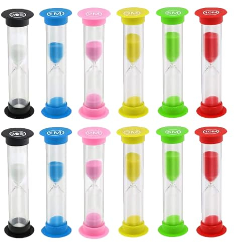 Sand Timer, KISEER 12 Pcs Colorful Hourglass Sandglass Sand Clock Timers Set 30sec / 1min / 2mins / 3mins / 5mins / 10mins for Brushing Children's Teeth, Cooking, Game, School, Office