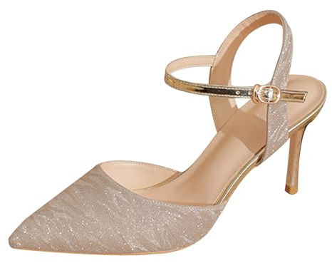 BAADCUP Damer glitter slingpumps spänne blockklack sandaler stilett hög klack pointed tå sko 6/8 cm ledig kontorssko, Champagne guld 6 cm, 38 EU