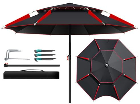 SKINCATE Sonnenschirm Strand Sonnenschutz 240cm, Strandschirm Angelschirm Im Freien, UV-Schutz Windschutz, Regenschirm 360° Drehbar Für Picknick, Angeln, Ø 180-260cm (Color : Black-red, Size : 220cm