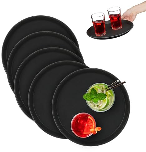 Relaxdays Lot de 5 Plateaux de Service, antidérapants, Ronds, Servir Boissons, Restauration, diamètre 28 cm, Noir