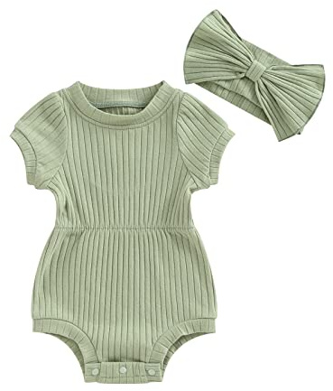 Edhomenn Baby flickor 2-delad kläder enfärgad kortärmad sparkdräkt med rosett pannband set nyfödd flicka sommarkläder, 01 Ärtgrön, 0-3 Months