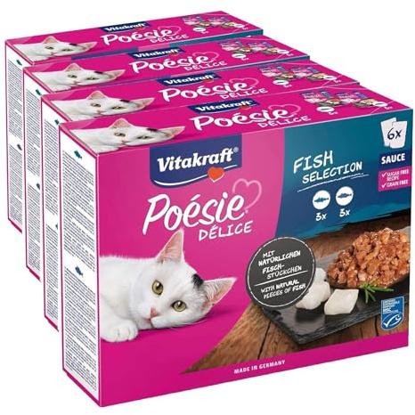 Vitakraft Poésie Délice, Fish Selection, Katzenfutter nass, in Sauce, mit Fisch, für ausgewachsene Katzen, ohne Zusatz von Zucker und Getreide (1 Paket mit 6X 85g) (Packung mit 4)