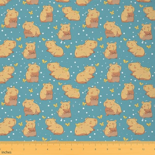Loussiesd Kinder Niedlich Capybara Stoff Meterware 92x150cm für Stühle Cartoon Tier Dekorative Patchwork Stoffe Schmetterling Wasserdichter Stofffor Stühle Weiße Polka Dots DIY Polsterstoff