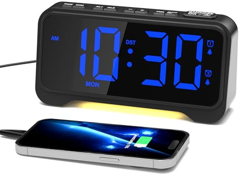 Sveglia Digitale, Sveglia da Comodino con LED Grande Schermo, Luminosità Regolabili, Snooze, Porte di USB & Type-C, Batteria di Backup, per Camera da Letto Comodino, Ufficio, DST, 12/24h