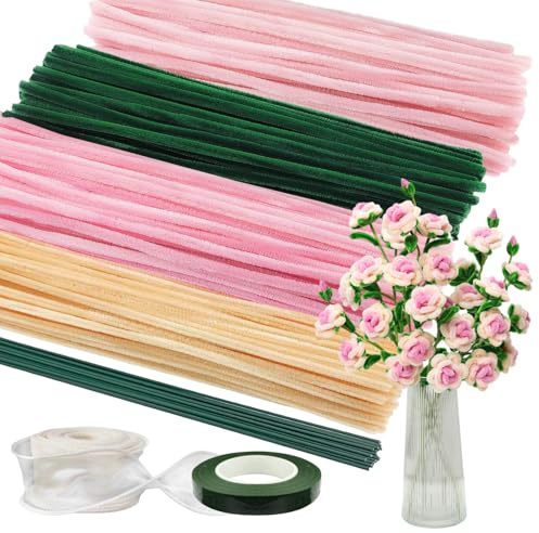Rosenstrauß Pfeifenreiniger Blumen Set Pfeifenputzer zum Basteln mit 400 Stück Pfeifenputzer 20 Stück Grünem Bastelfaden Geschenkband Klebeband für Hochzeit Geschenk Dekoration
