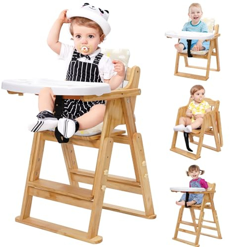 Yosamy 4-in-1 Convertible Wooden Highchair for Kids, Foldable Baby Highchair with Adjustable Height & Footrest, Safety Harness Detachable Tray Cushion, Natural Wood for Toddlers 18 months-10 years old