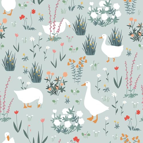 FunStick Tapete Selbstklebend Hellblau Muster Gänse Klebe Tapete Selbstklebend Kinder Zimmer Wand Blumentapete Grün Blau Klebefolie Schrank Küche Möbelfolie Blätter Wildblumen und Gräser 44.5CMx3M