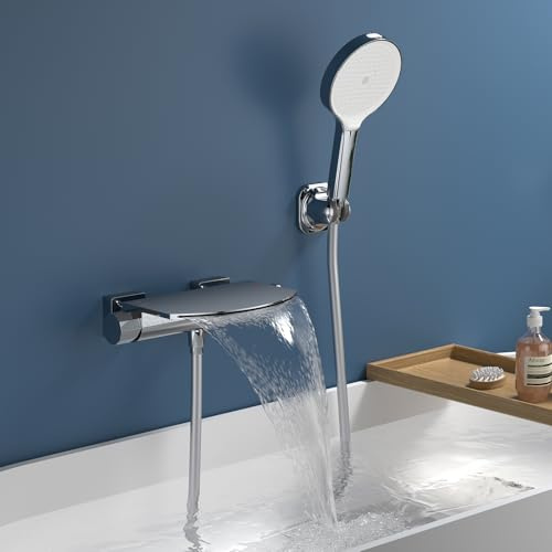 HOMELODY Badewannenarmatur mit Handbrause, Wasserfall Wannenarmatur, Badewannenarmatur Chrom, Messing Mischbatterie Wandarmatur für Badewanne, Wandmontage mit großer Plattform