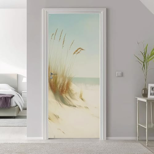 3D-Türtapete Türbild Selbstklebend 77 x 200 cm, Aquarell Strand Meer PVC Wasserdicht Abnehmbar für Küche Bad Büro Wohnzimmer Zimmerwanddekoration Türposter Selbstklebend Türfolie Creme